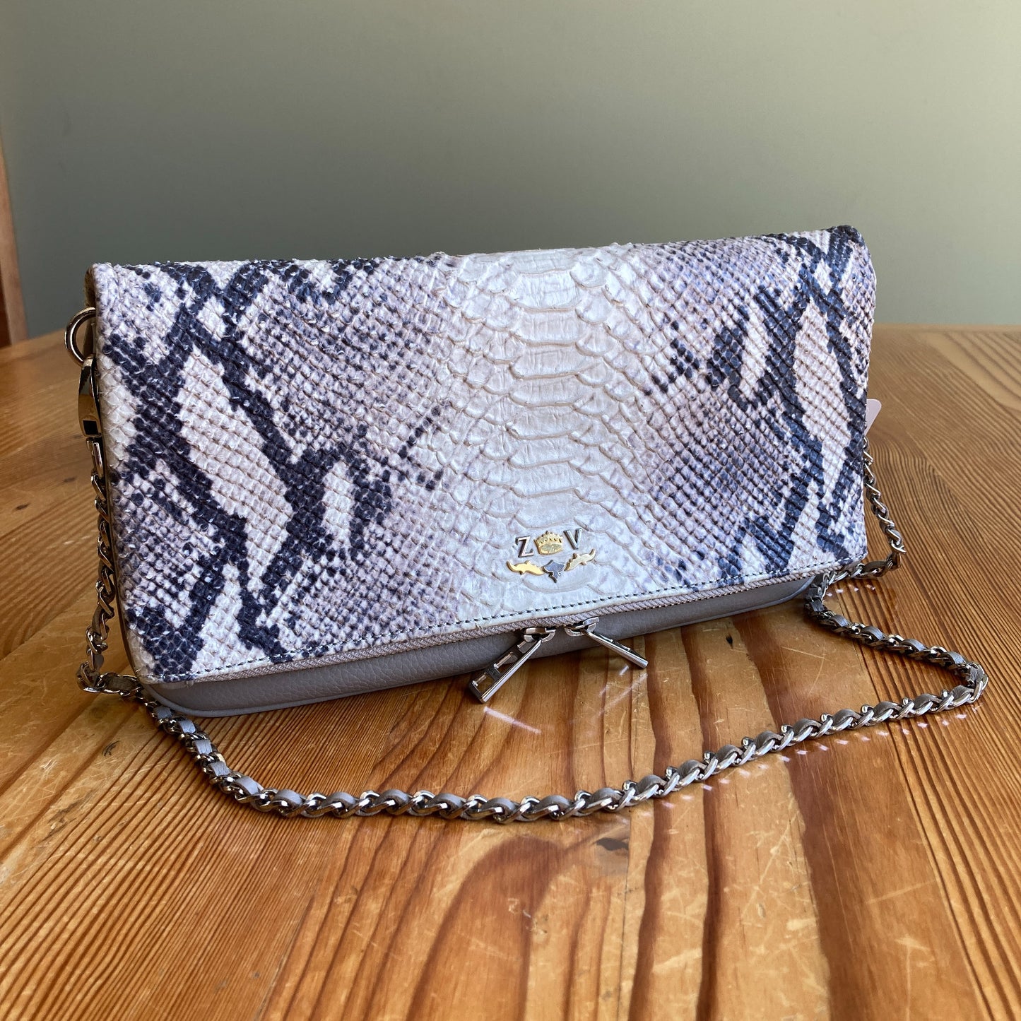 Zadig & Voltaire Python Printed Leather Fold Over Rock Clutch Purse - 1011SC