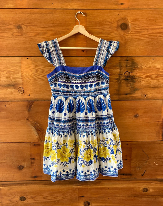 Farm Rio Blue Patterned Off White Zuli Mini Dress - Size M - NEW - 0401AJ