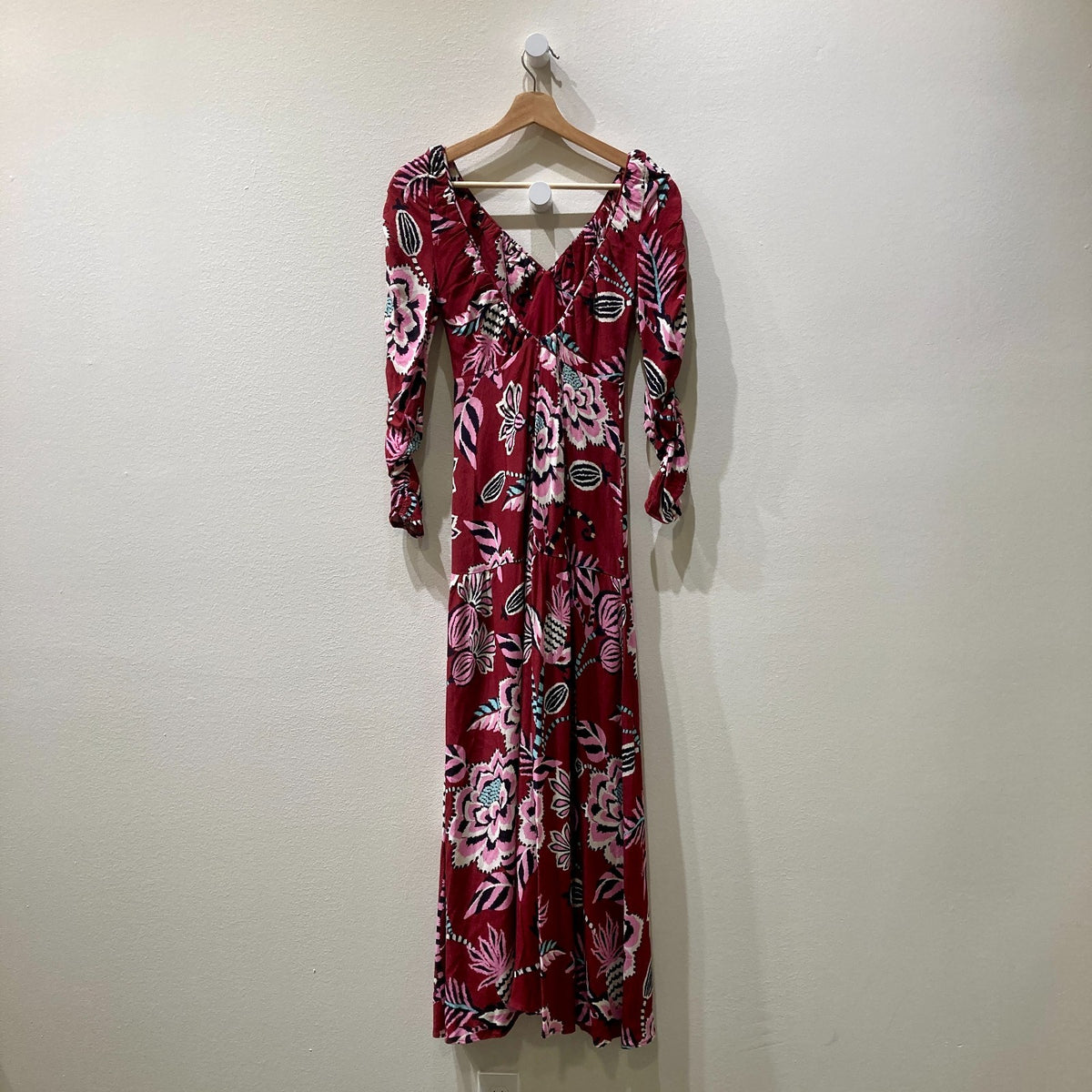 Farm Rio Burgundy Floral Ruched Sleeve V Neck Maxi Dress - Size XS - 1103ES