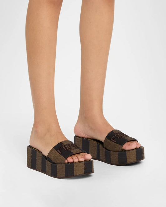 Fendi Brown Sunshine Pequin Striped Platform Sandals - Size 37 / 7 - 0501SH