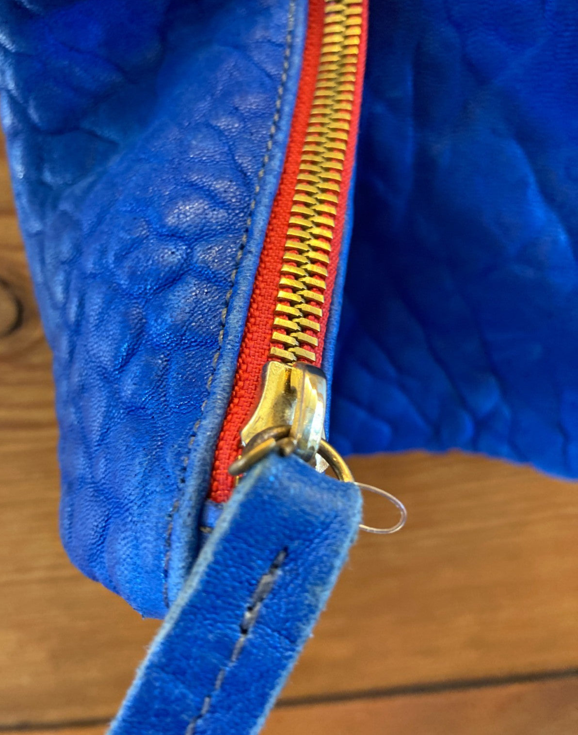 Clare V Electric Blue Textured Leather Red Zip Top Clutch Purse - 0425KN