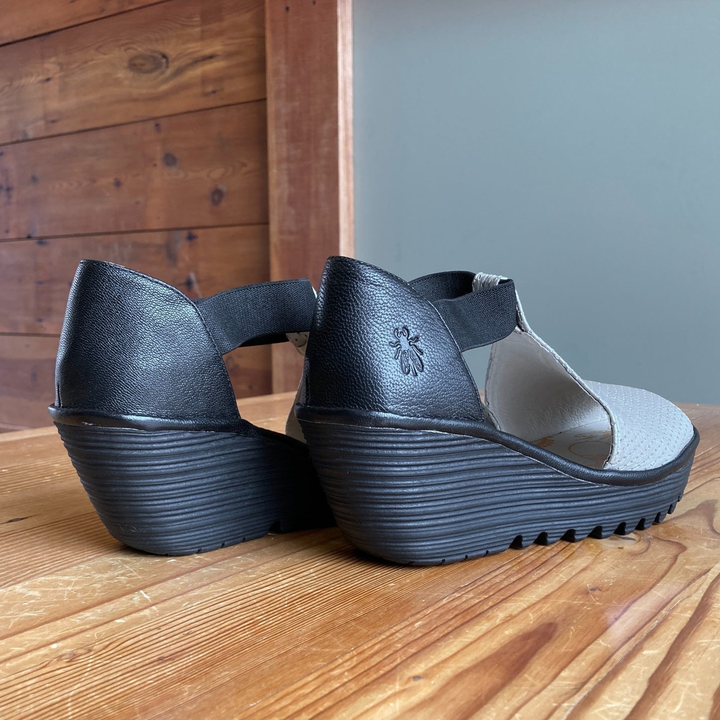 40 / 9.5 - Fly London Black Silver Perforation Open Toe Wedge Shoes NEW 1111KF