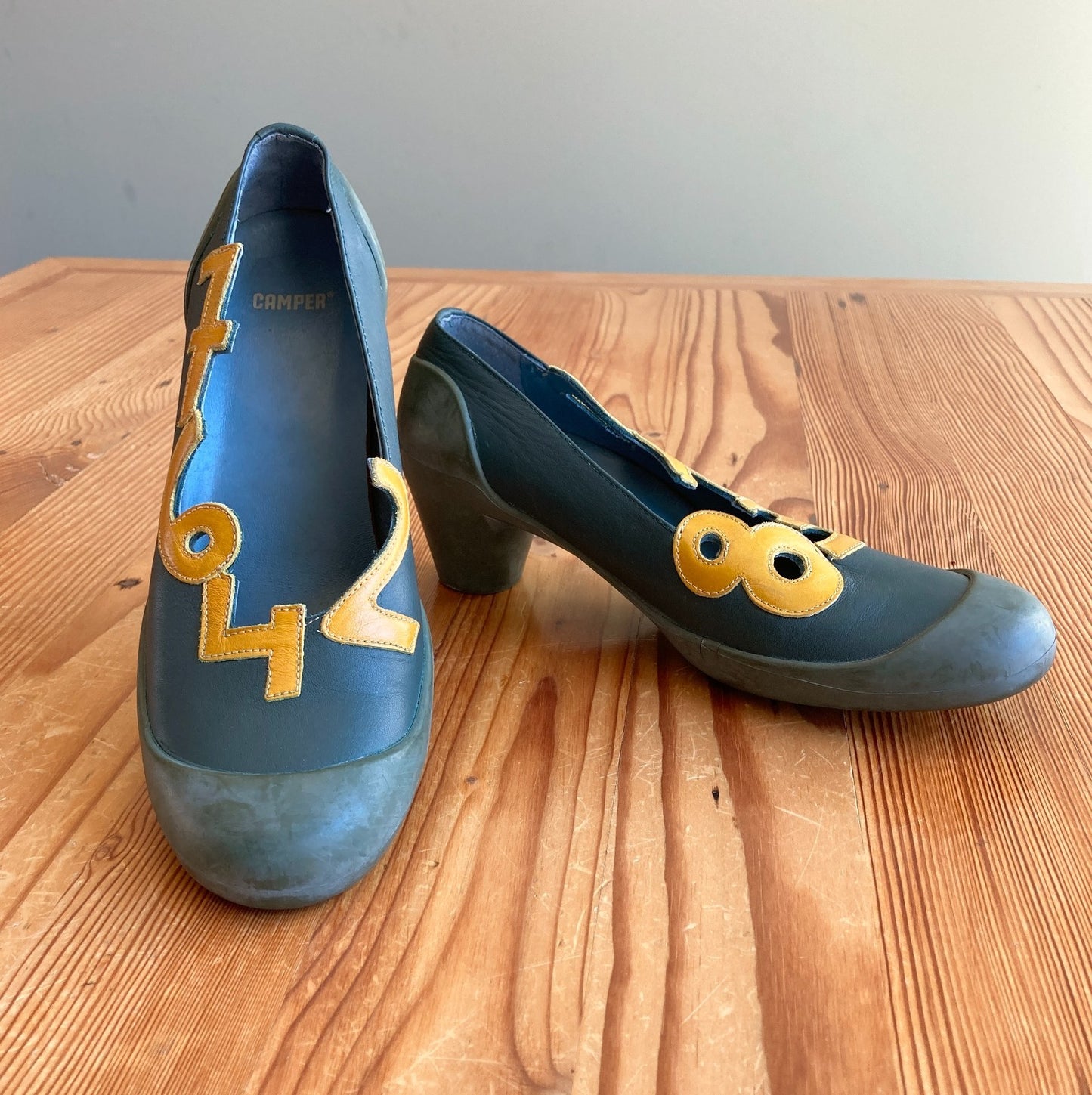 Camper Blue Green Leather Twins Number Heels Pumps - Size 40 / 10 US - 0218NM