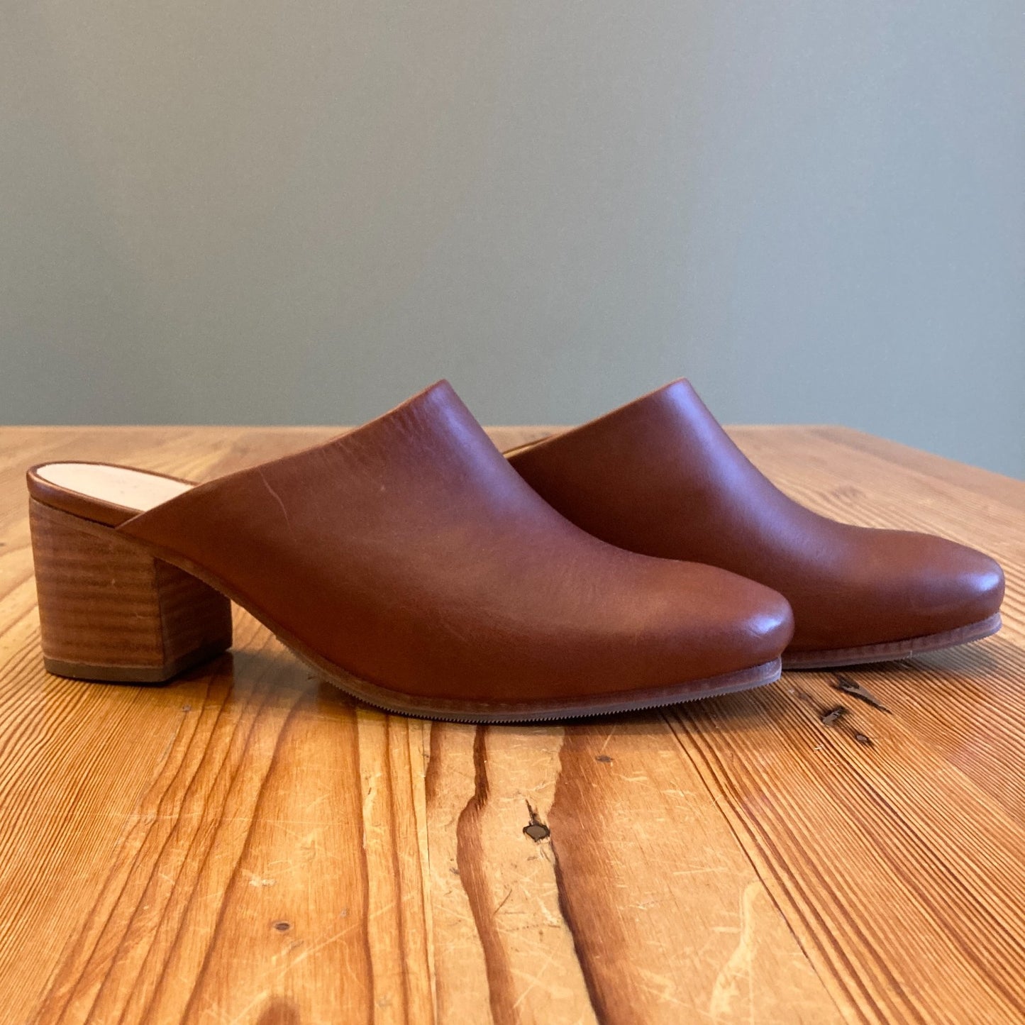 10 - Nisolo Brown Leather Stacked Heel Open Back All-Day Mules Shoes 0520MF