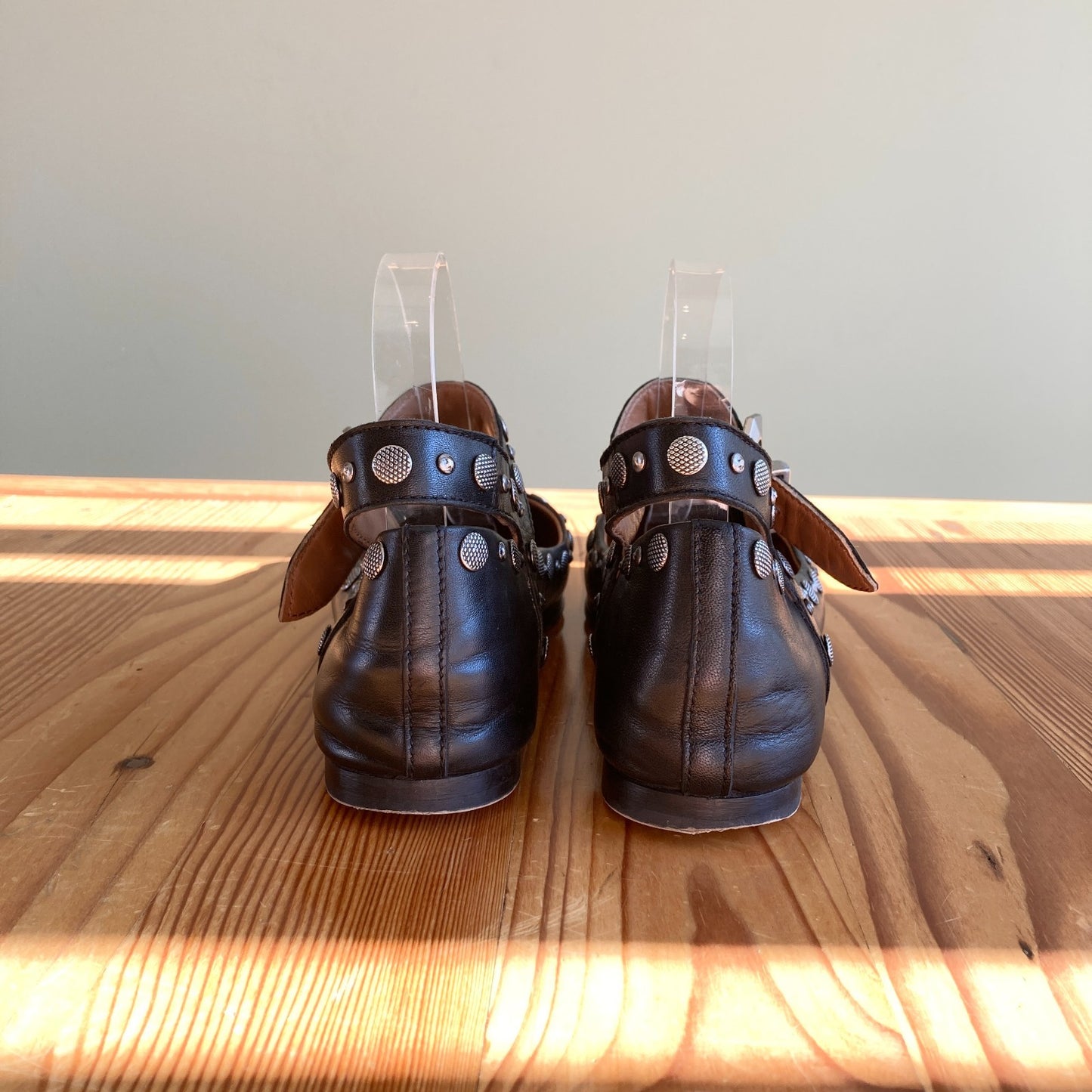 38.5 - Free People Black Leather Silver Studded Mystic Mary Jane Flats 0603AG