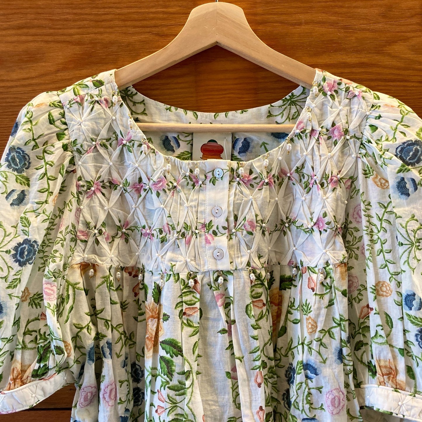 Farm Rio $190 Floral Bead Patterned Folk Blouse Top - Size L - NEW - 0206BS