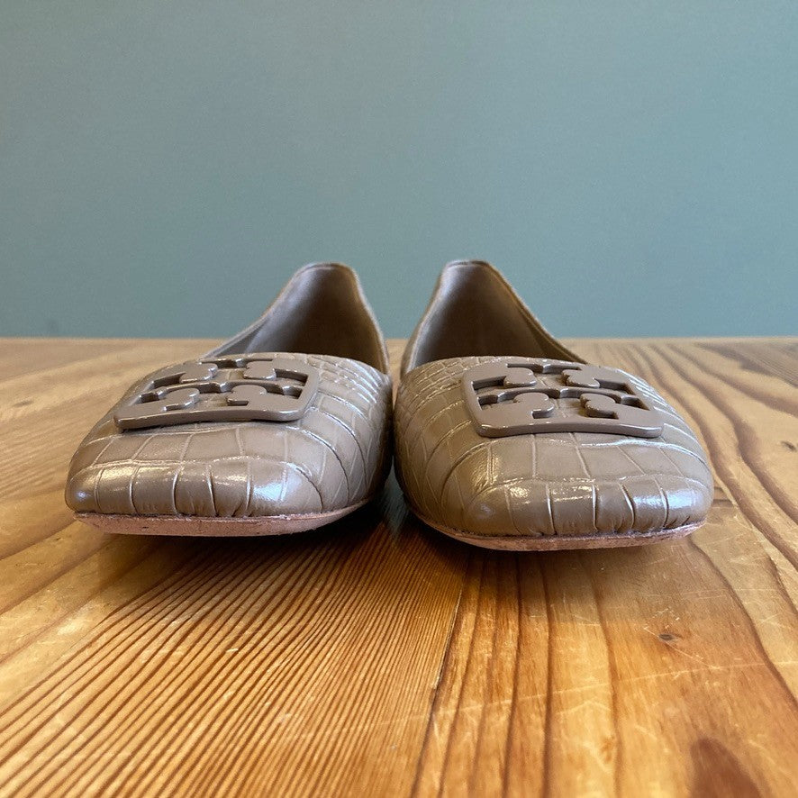 10 - Tory Burch Tan Brown Patent Leather Croc Embossed Flats Shoes 0206BS