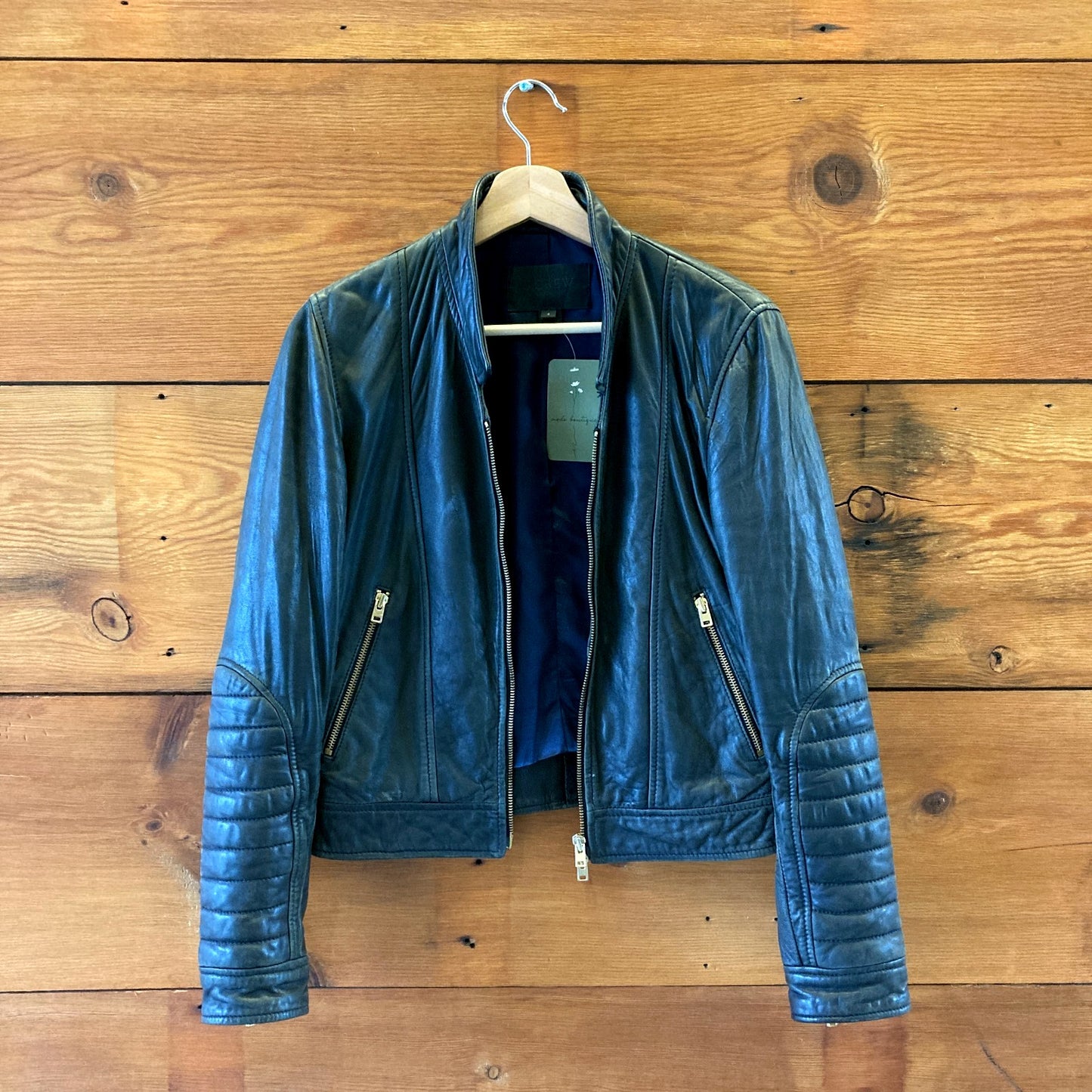 4 - J. Crew Collection Blue Gray Standing Collar Leather Moto Jacket 1030CM