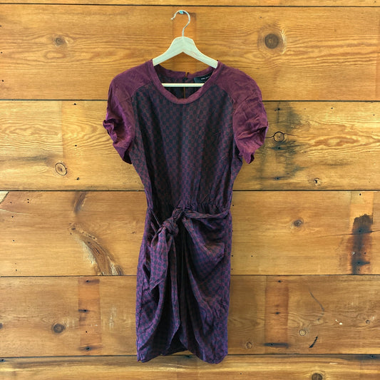 Isabel Marant Burgundy Black Printed Silk Gathered Dress - Size 40 / M - 1107TZ