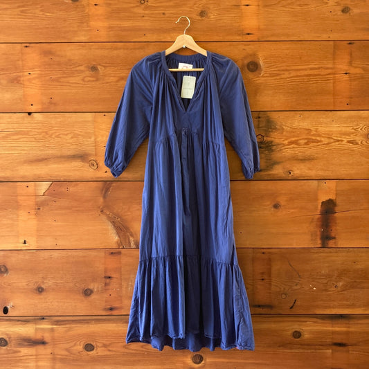 XS - Xirena Capri Blue Long Sleeve Tiered V-Neck Cotton Vie Dress 0325MR