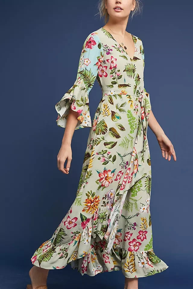 Blank London Anthropologie Floral 3/4 Sleeve Wrap Maxi Ruth Dress - XS - 0715EJ