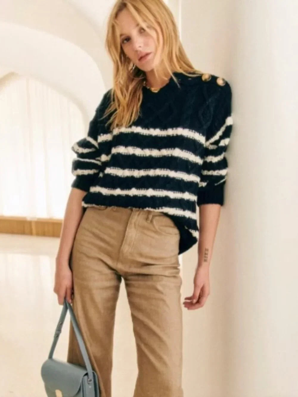 Sezane Navy White Stripe Cable Knit James Cotton Blend Sweater - Size M - 0813RM