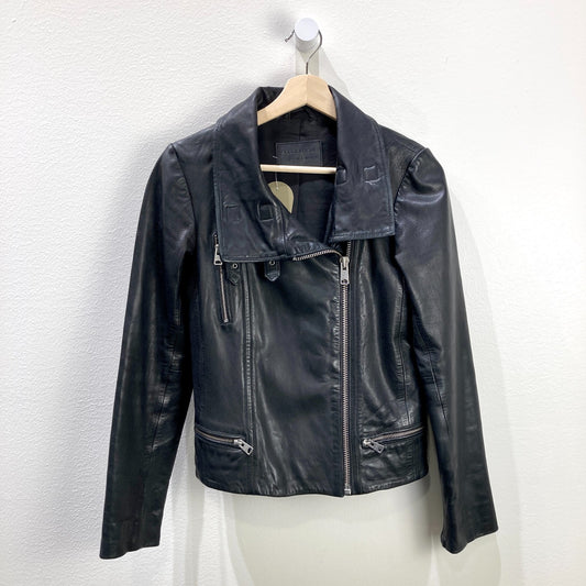 All Saints Black Leather Funnel Neck Bales Moto Biker Jacket - Size 4 - 0501JG
