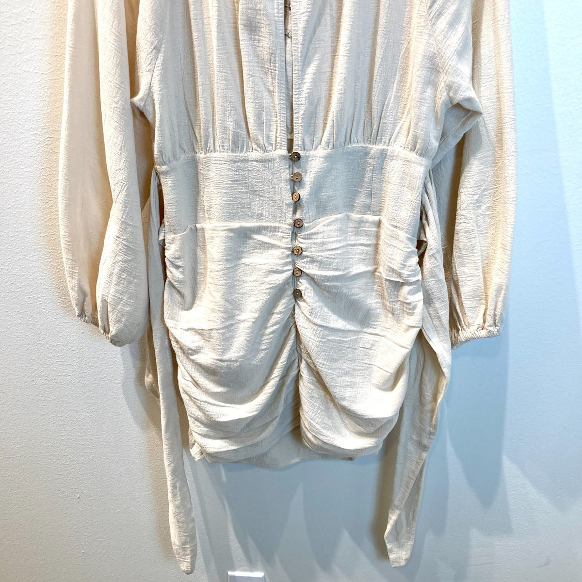 Free People White Long Blouson Sleeve Ruched Mini Dress - Size M - 0812AL