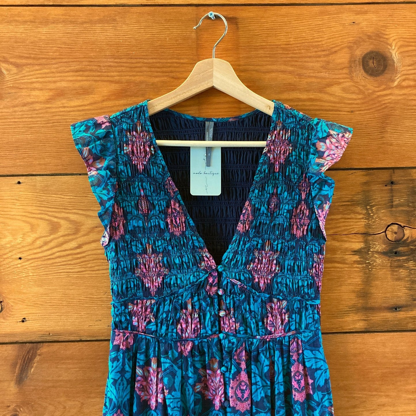 Anthropologie Teal Floral Print Smocked Peregrine Midi Dress - Size XS - 0528CD