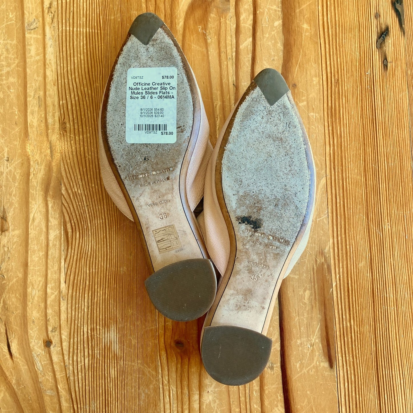 Officine Creative Nude Leather Slip On Mules Slides Flats - Size 36 / 6 - 0614MA