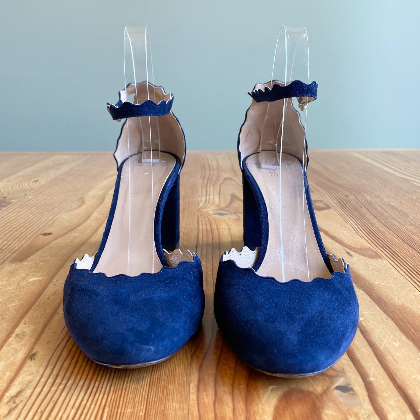Chloe Navy Suede Scalloped D'Orsay Block Lauren Heels - Size 38 / 8 - 0926AD