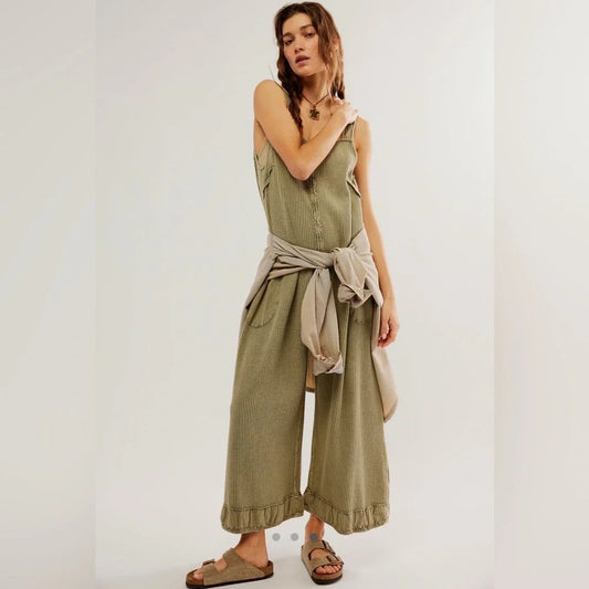 FP One Free People Green Waffle Knit Wide Leg Callie Jumpsuit - Size M - 0425SV