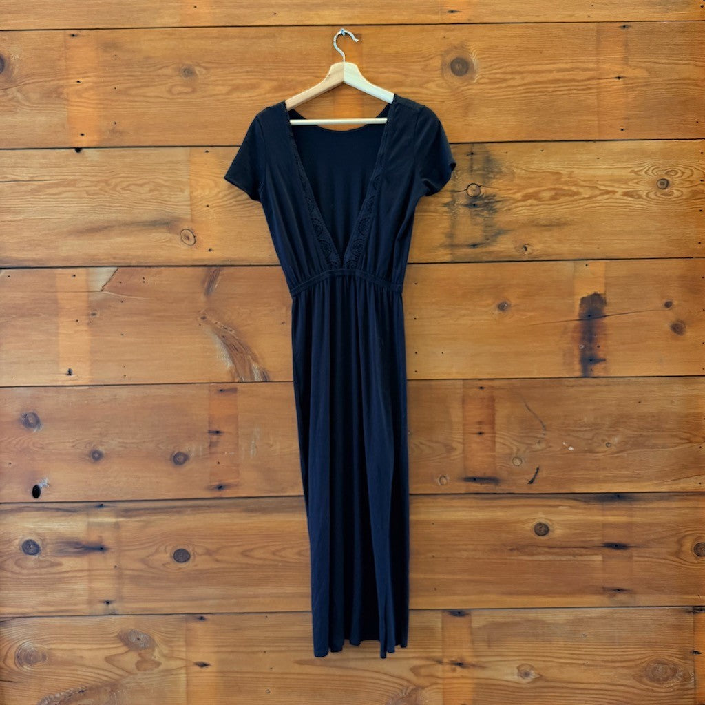 Sezane Black Short Sleeve Low Back Lucille Slit Maxi Dress - Size XS - 0312IG