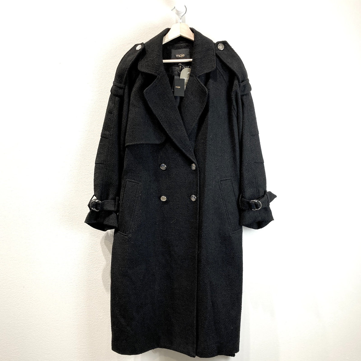 Maje $685 Black Button Up Belted Long Overcoat Jacket - Sz 42 / L - NEW - 1012HA