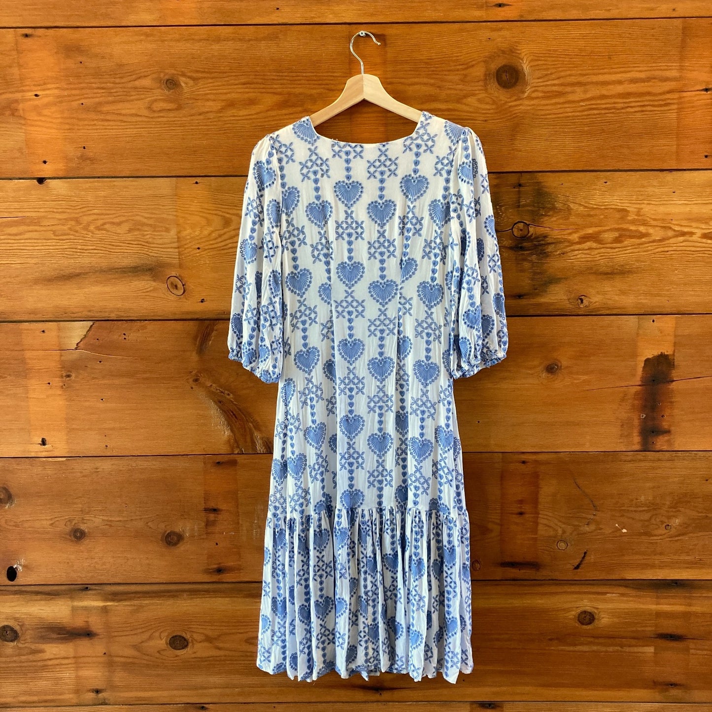 Johnny Was Blue White Embroidered Heart Motif Beau Midi Dress - Size XS - 0514CP