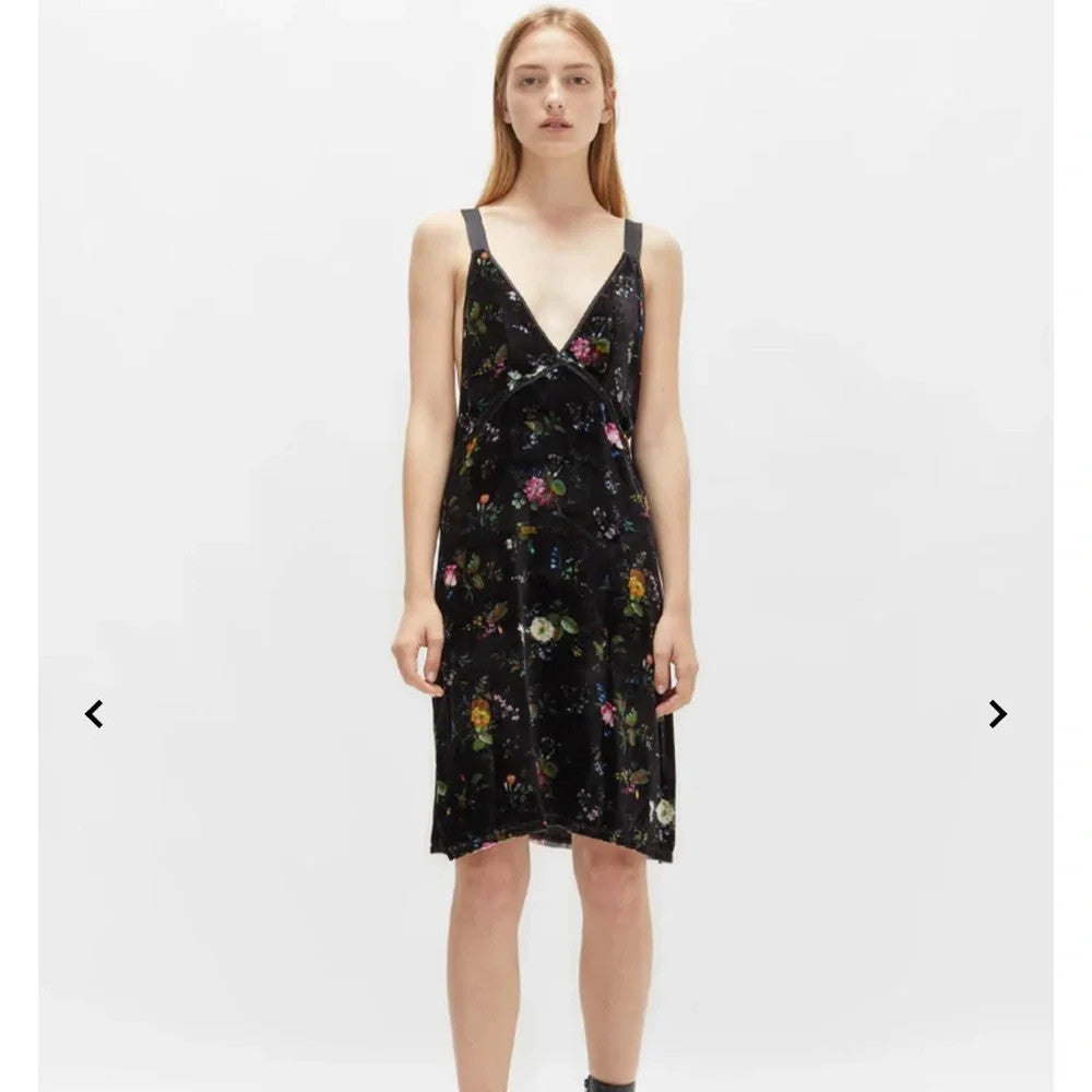 R13 Black Floral Print Velvet V-Neck Mini Slip Strap Dress - Size M - 1011SC