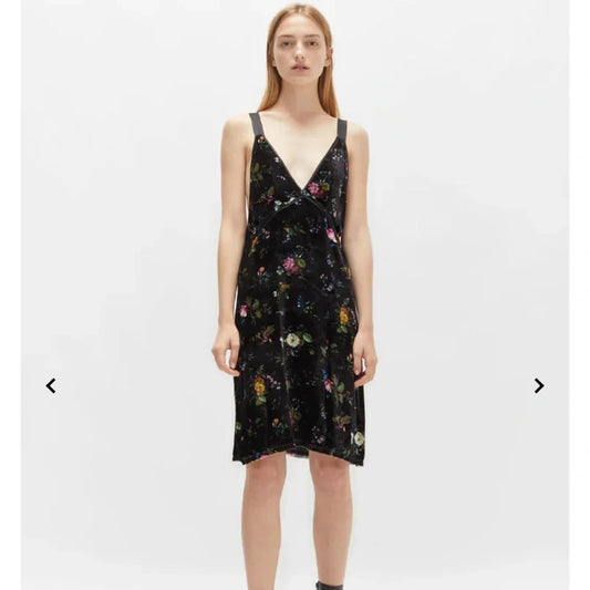 R13 Black Floral Print Velvet V-Neck Mini Slip Strap Dress - Size M - 1011SC