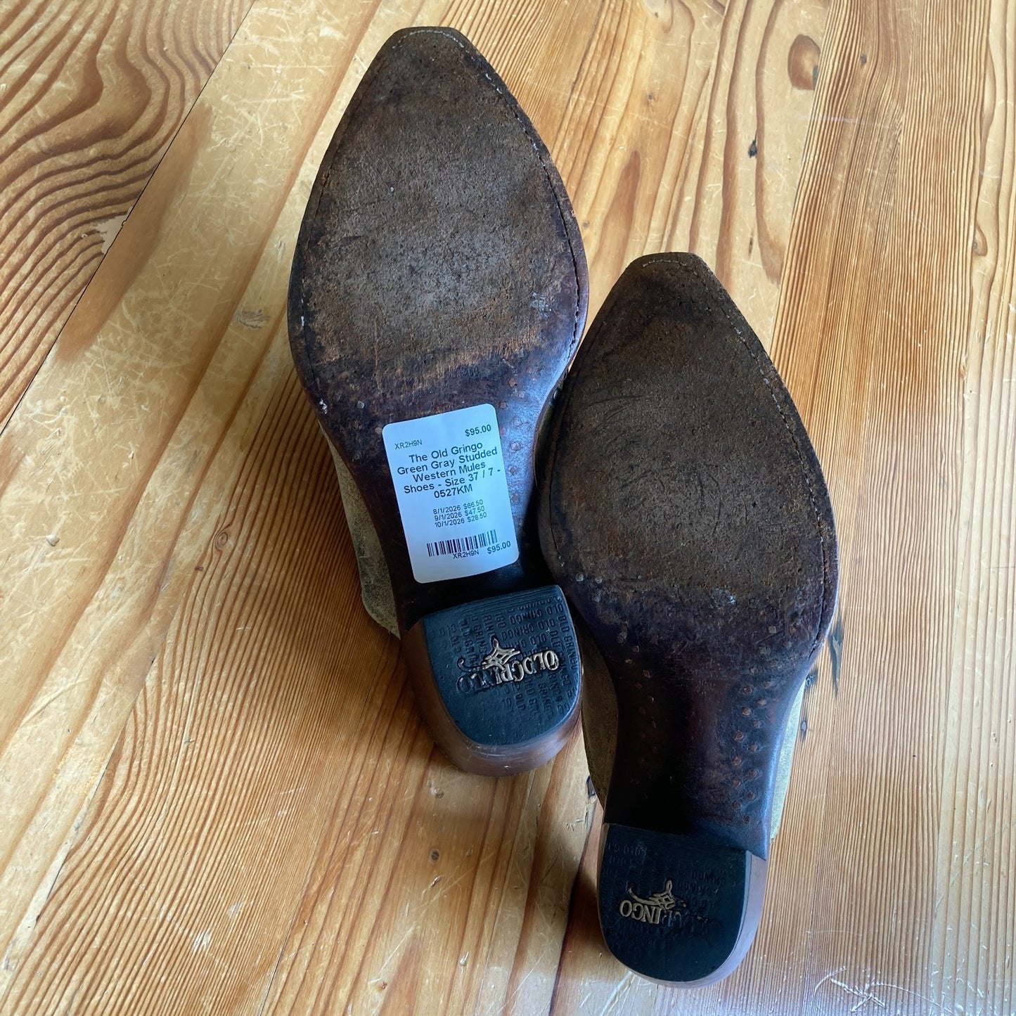 The Old Gringo Green Gray Studded Western Mules Shoes - Size 37 / 7 - 0527KM