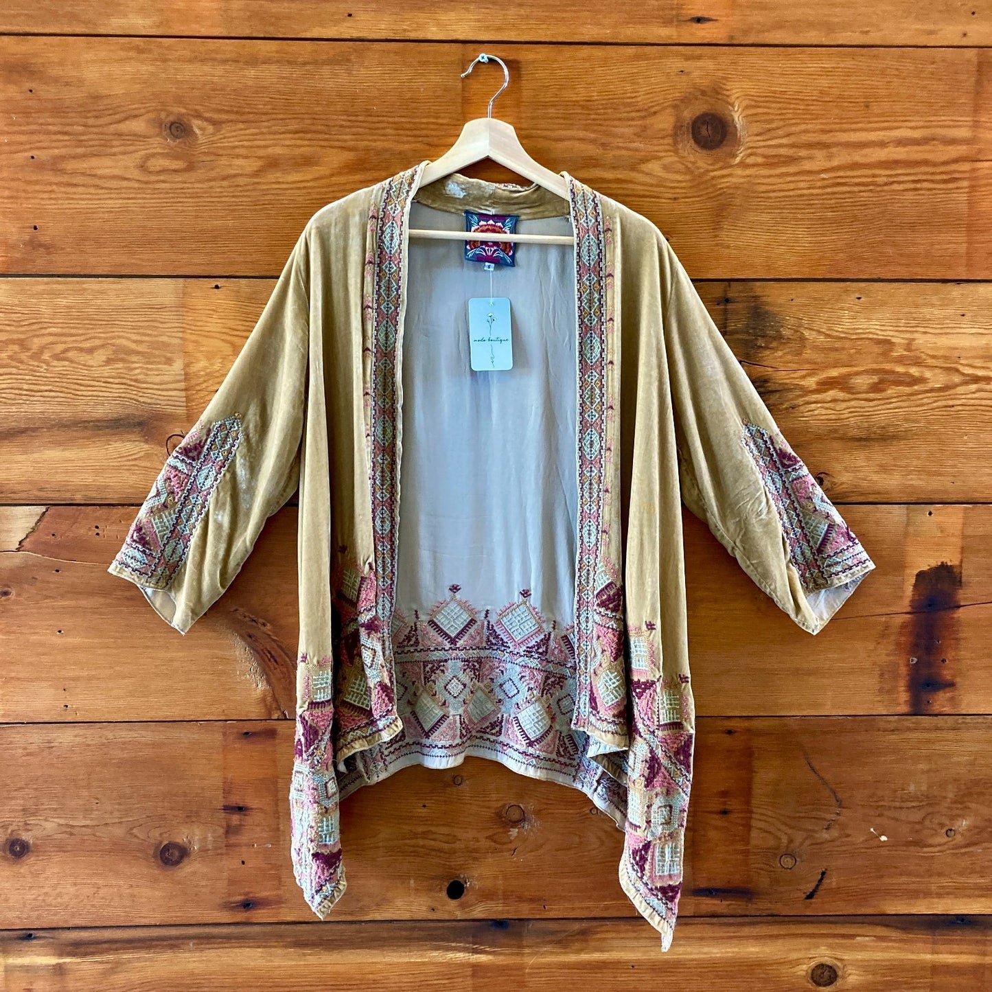 Johnny Was Tan Velvet Embroidered Kimono Cardigan Top - Size S - 0605DK