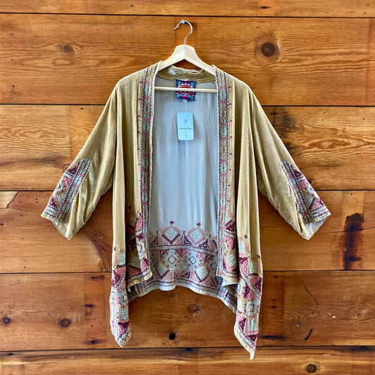 Johnny Was Tan Velvet Embroidered Kimono Cardigan Top - Size S - 0605DK