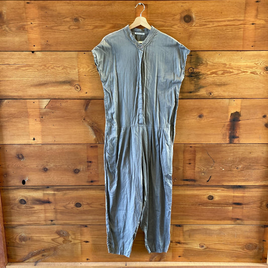 L - Black Crane Brown 100% Cotton Button Front Wide Leg Jumpsuit 0416JW