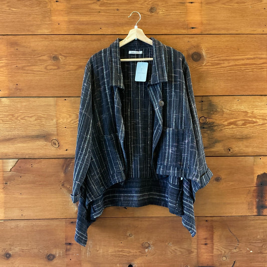 Yasuko Kurisaka Navy Patterned Woven Cotton Open Front Jacket - Size OS - 0212CG