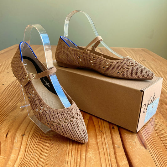 Rothy's Wren Tan Crochet Mary Jane II Point Flats - Sz 7.5 - NEW w/ Box - 1125EA