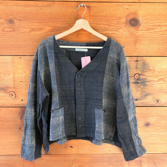 OS - Yasuko Kurisaka Gray Black Handwoven Boxy Fit Lagenlook Shirt Jacket 1231SV