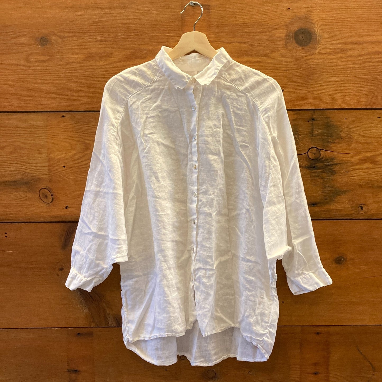 42 / L - 120% Lino White Linen Button Up Long Dolman Sleeve Shirt Top 0416JW