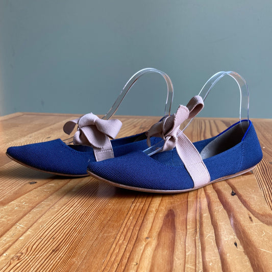 9 - Rothy's Navy Blue The Slip On Mary Jane Beige Bow Flats Shoes 0306CH