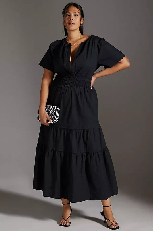 by Anthropologie Black Poplin Cotton Somerset Midi Dress - Size L - 4427SC