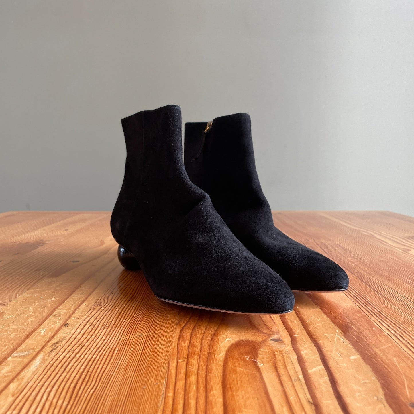 9.5 - Kate Spade Black Suede Sydney Pointed Toe Unique Heel Ankle Booties 1203TR