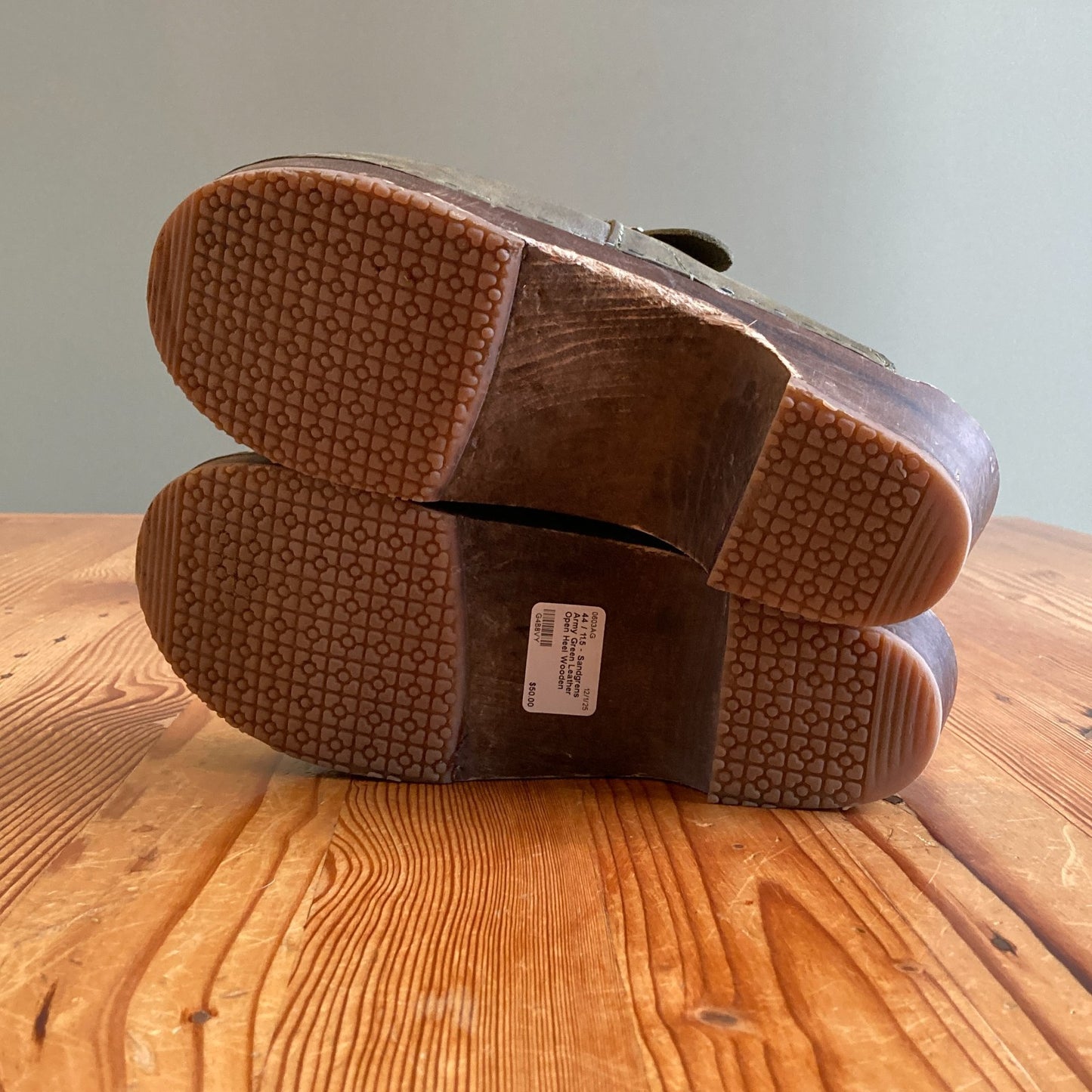 44 / 11.5 - Sandgrens Army Green Leather Open Heel Wooden Clogs Shoes 0603AG