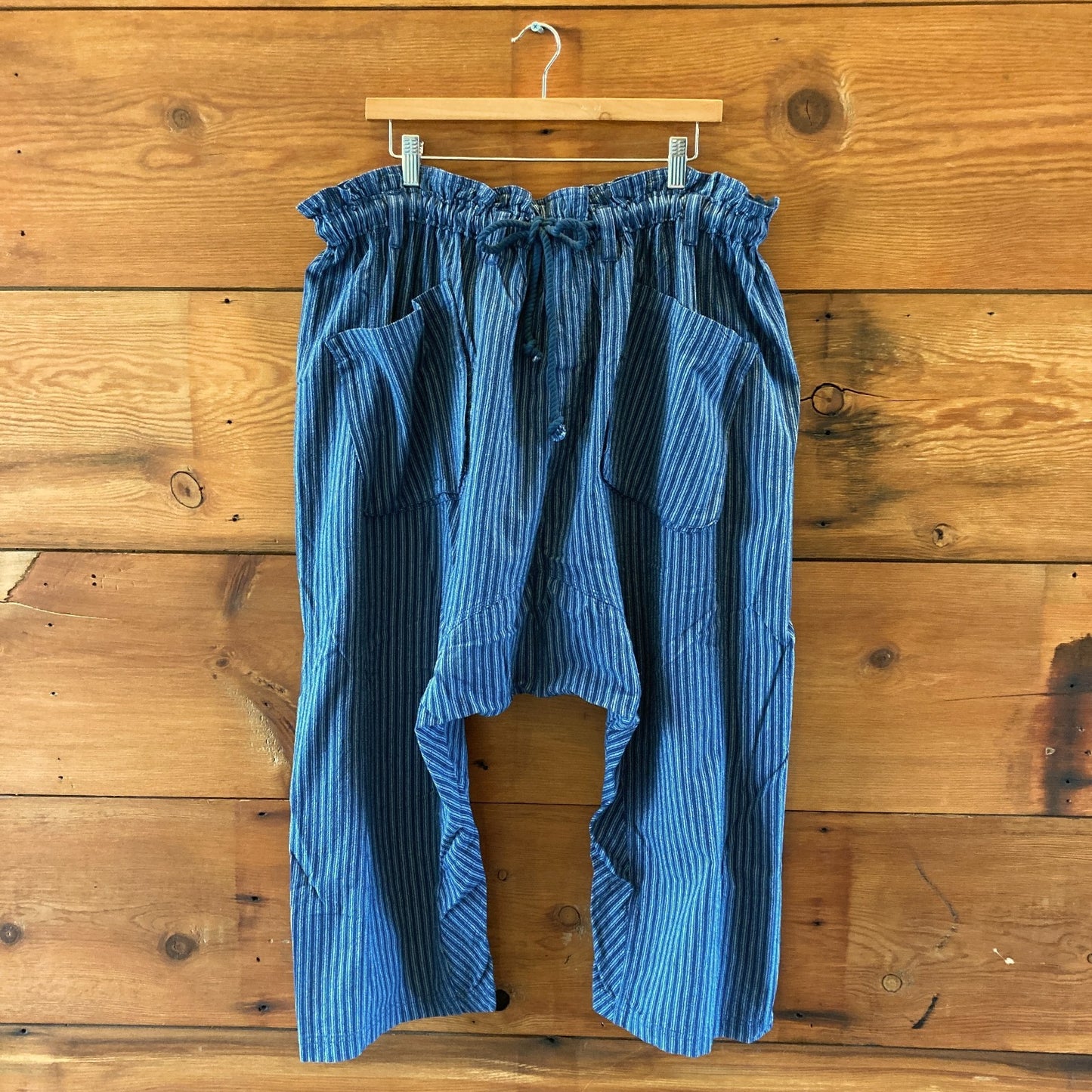 Free People $98 Blue Striped Drop Crotch Pants - Size L - NEW - 1122CT