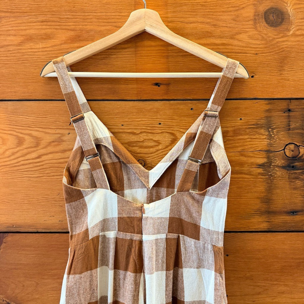 Ali Golden Brown White Gingham Raw Silk Fitted Jumpsuit - Size XS - 0312IG