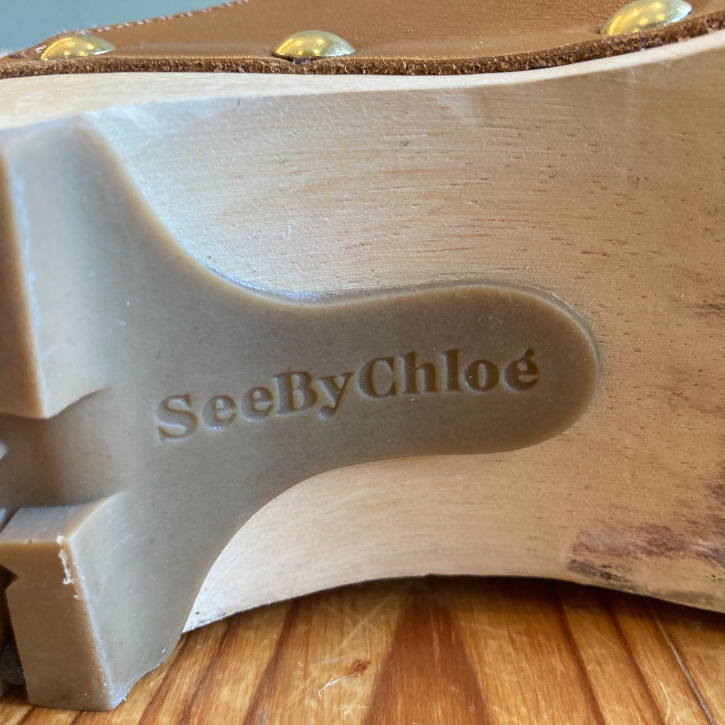 See by Chloe Cognac Brown Leather Studded Viviane Clogs - Size 40 / 9.5 - 0131AG