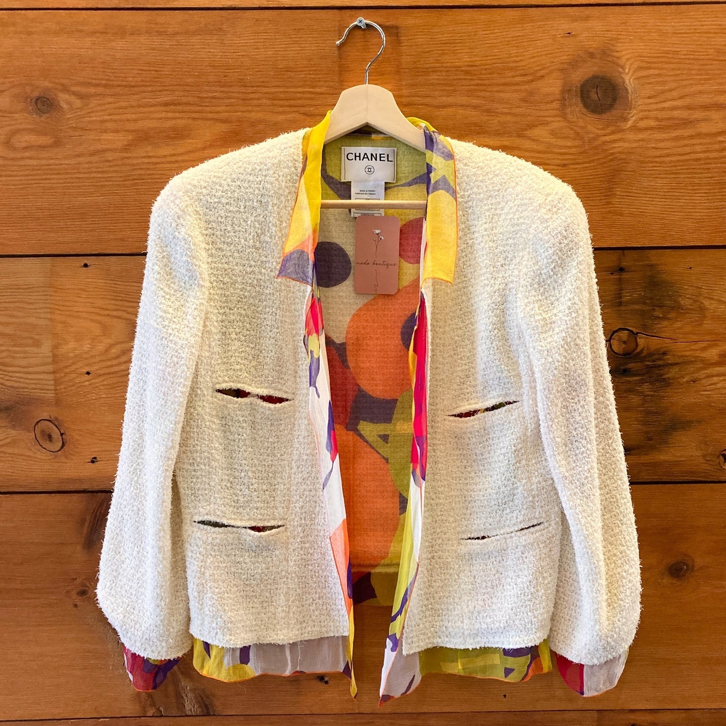 44/M - Vintage Chanel Ivory Tweed & Silk 3 Piece Skirt Suit Set *EUC 1227EL