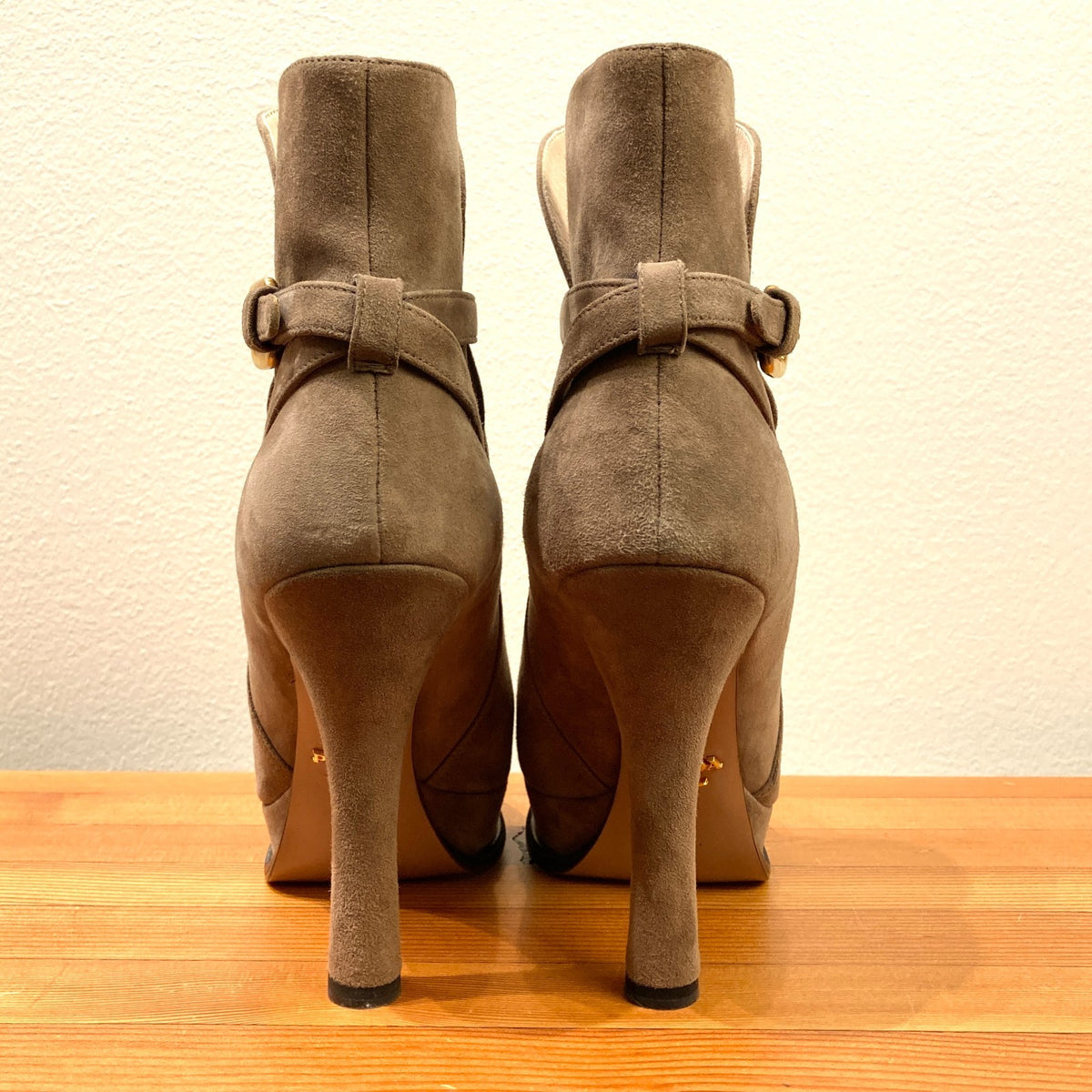 Prada Taupe Brown Suede Stiletto Heel Platform Ankle Boots - Sz 37 / 7 - 1017SC