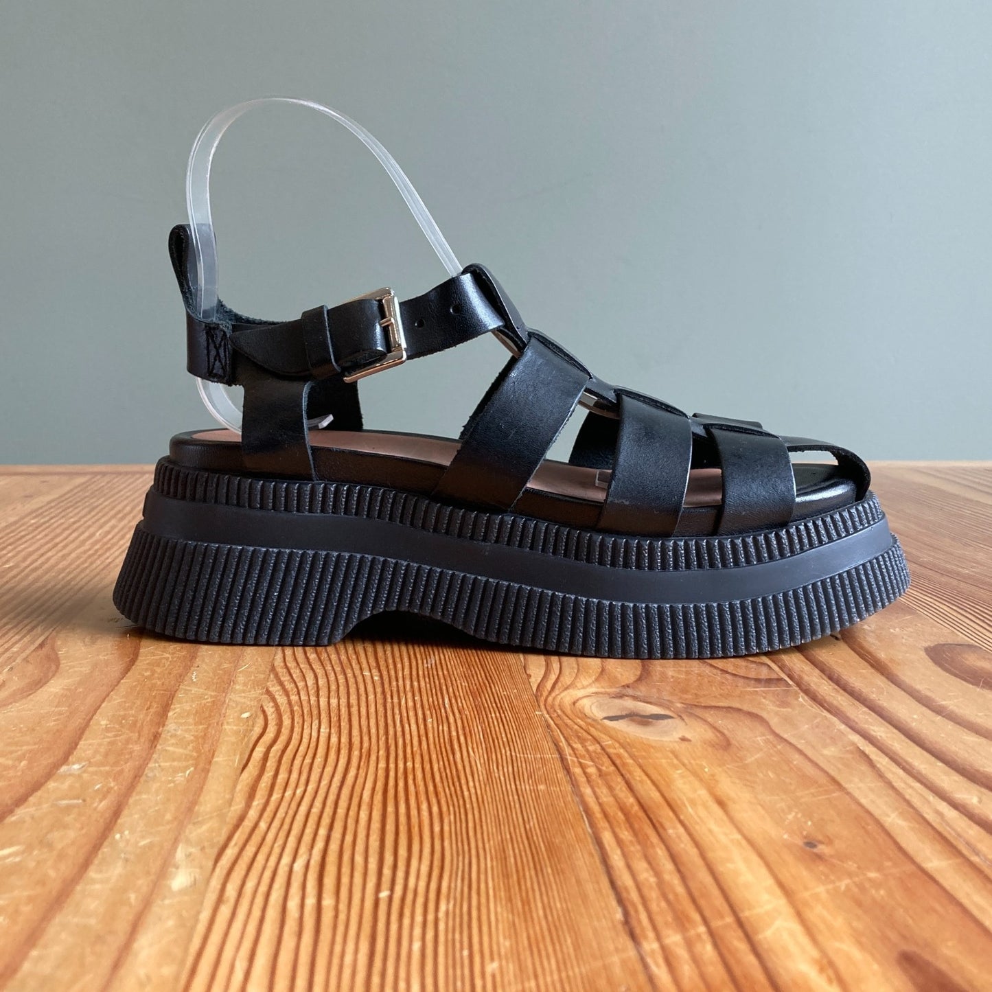 37/ 6.5 - GANNI Black Leather Platform Creepers Fisherman Sandals Shoes 0312IG