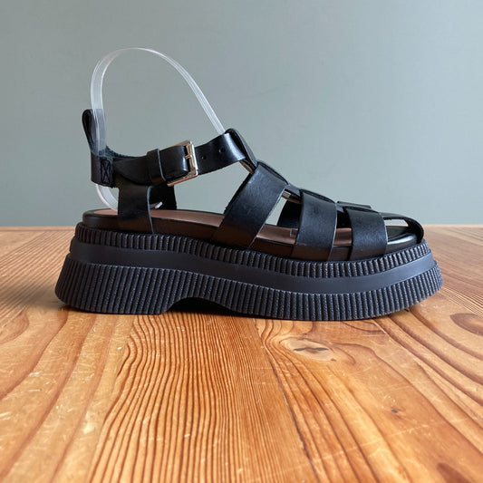 37/ 6.5 - GANNI Black Leather Platform Creepers Fisherman Sandals Shoes 0312IG