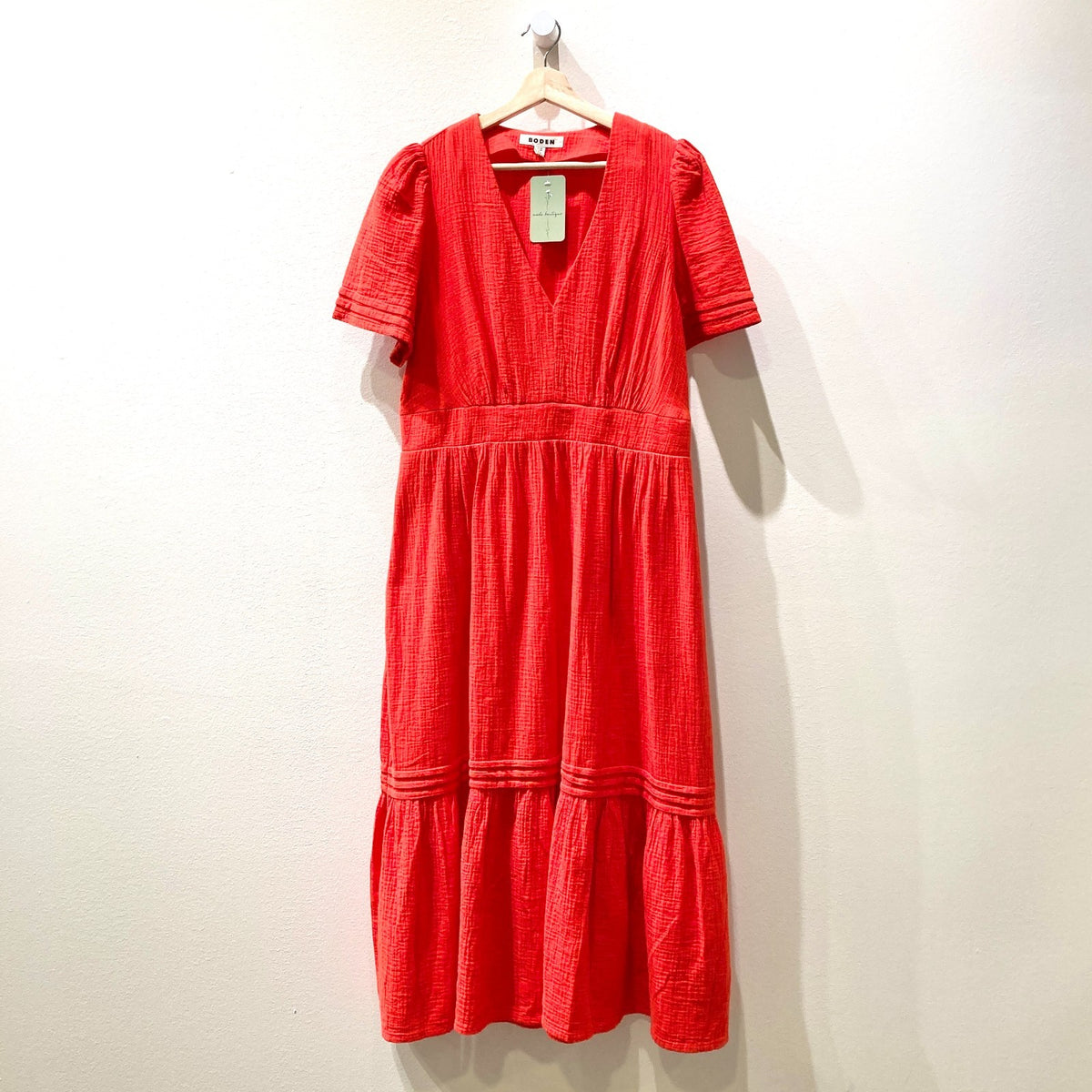 Boden Red Gauze Womens Short Sleeve V-Neck Maxi Dress - Size 12 - 0206BS