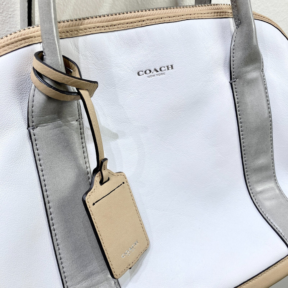 Coach Ivory White & Gray Leather Bleeker Crossbody Satchel Purse - 0103JM