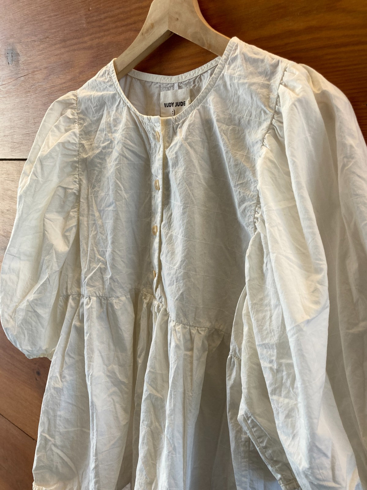 Rudy Jude White Windowpane Puff Sleeve Shirt Day Blouse - Size XS - 0312IG