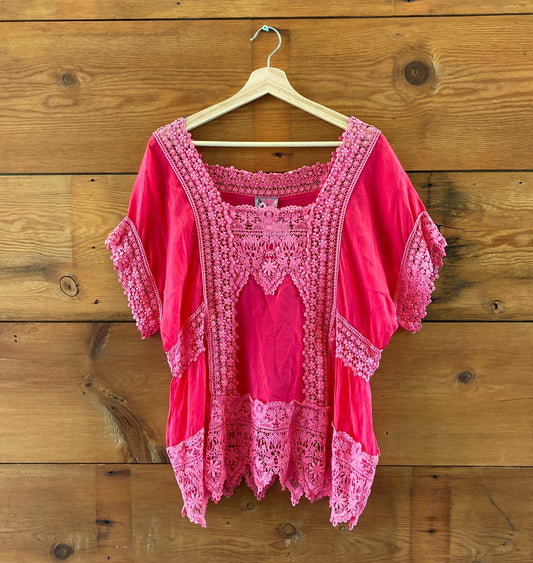 Johnny Was Bright Pink Crochet Trim Cupro Square Neck Top - Size L - 0617RF